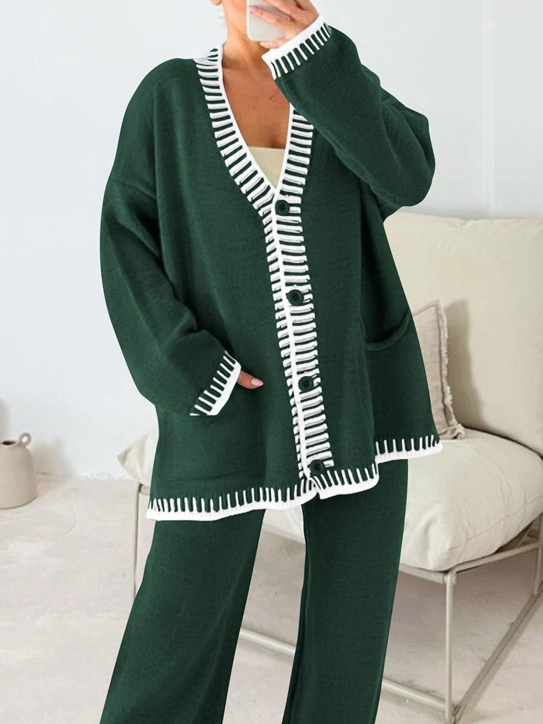Women's Oversized V-Neck Knit Cardigan & Pants Set