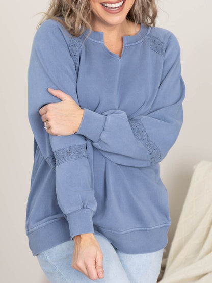 Women's Relaxed Fit V-Neck Sweatshirt with Lace Inserts
