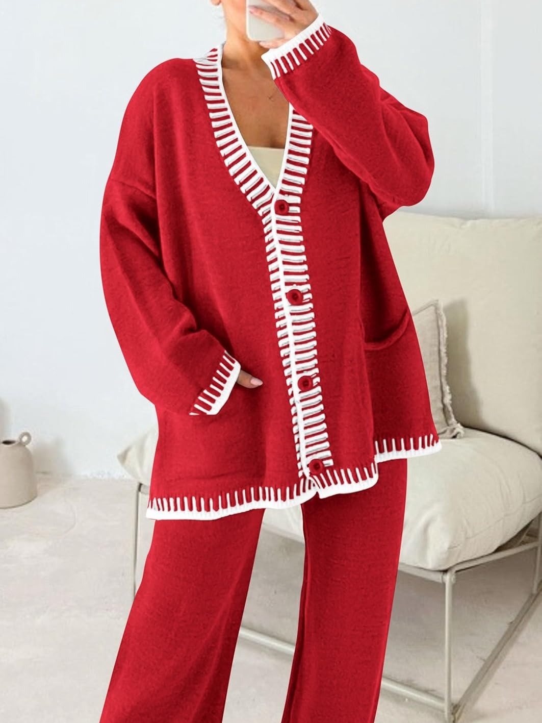 Women's Oversized V-Neck Knit Cardigan & Pants Set