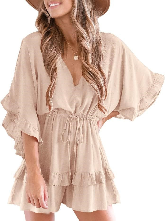 Women's Ruffle V Neck Drawstring Romper