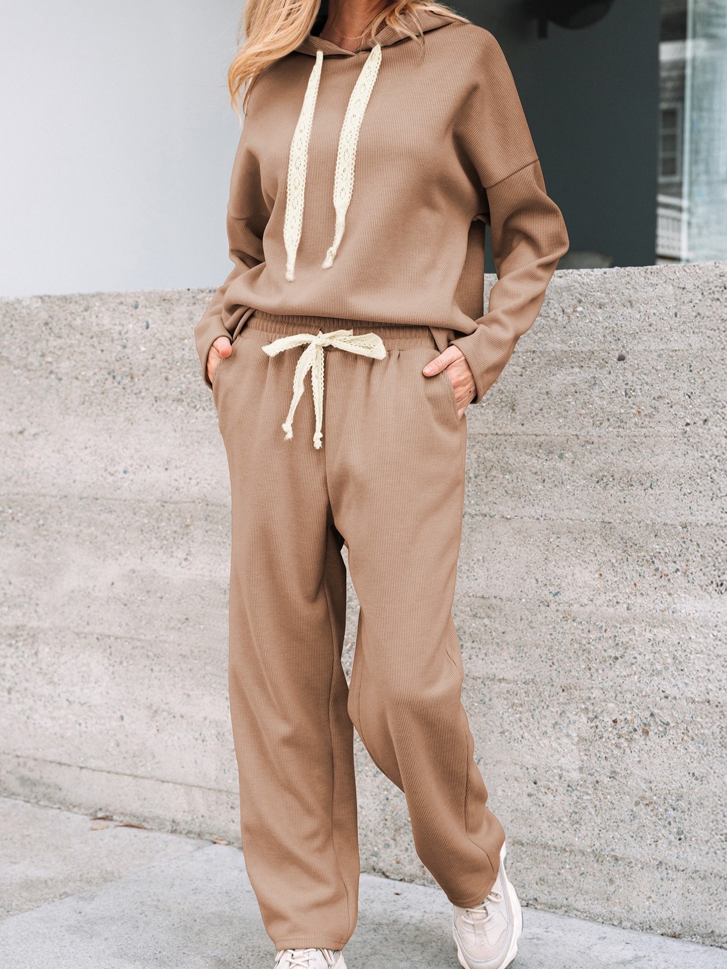 Women's Lace Drawstring Oversized Hoodie Two-Piece Set