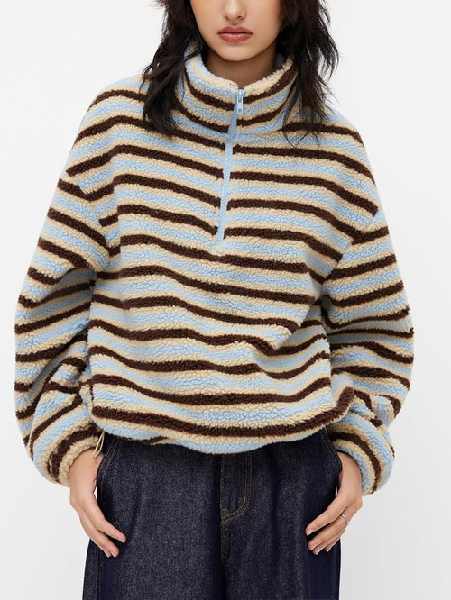Women's Cozy Striped Fleece Half-Zip Sweater