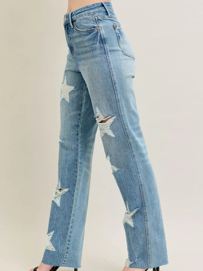 Women's Ripped Star Pattern Straight-Leg Denim Pants