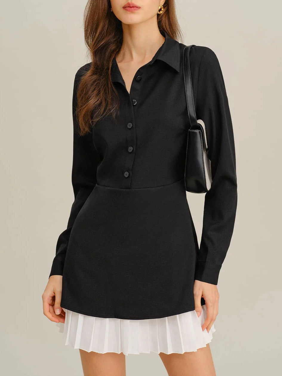 Women's Shirt Collar Faux Two-Piece Pleated Hem Dress