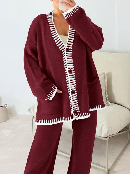 Women's Oversized V-Neck Knit Cardigan & Pants Set