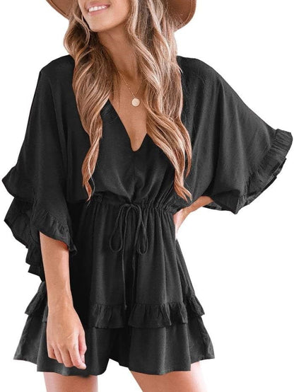 Women's Ruffle V Neck Drawstring Romper