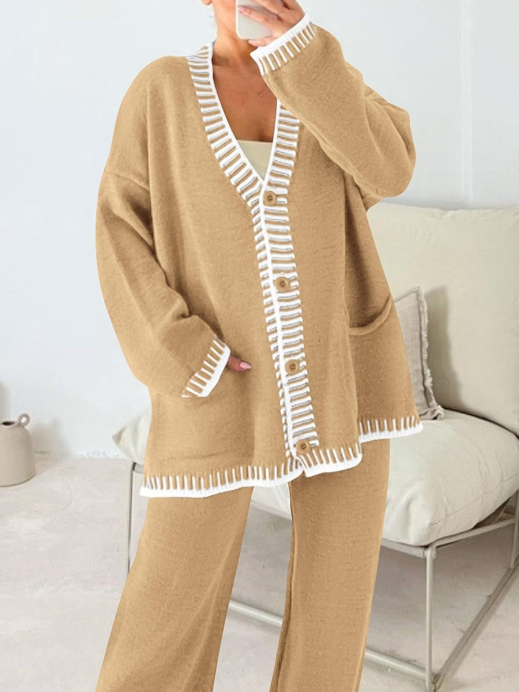Women's Oversized V-Neck Knit Cardigan & Pants Set