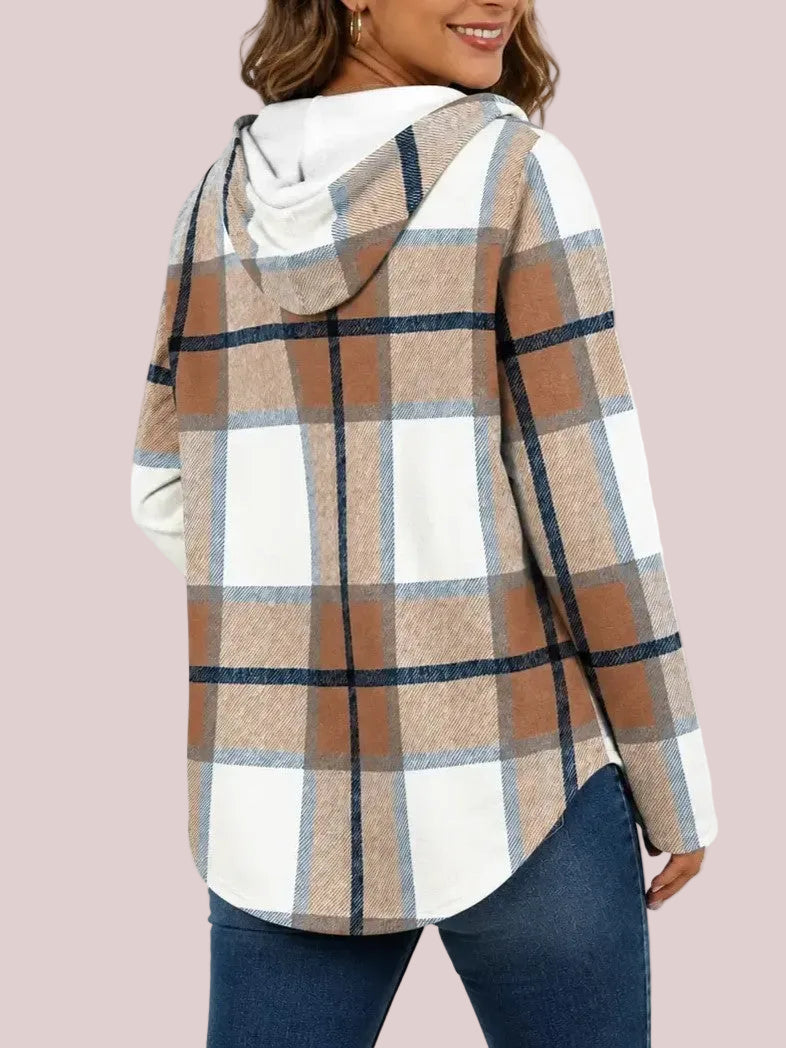 Women's Plaid V-Neck Hoodie Long Sleeve Drawstring Tunic Top