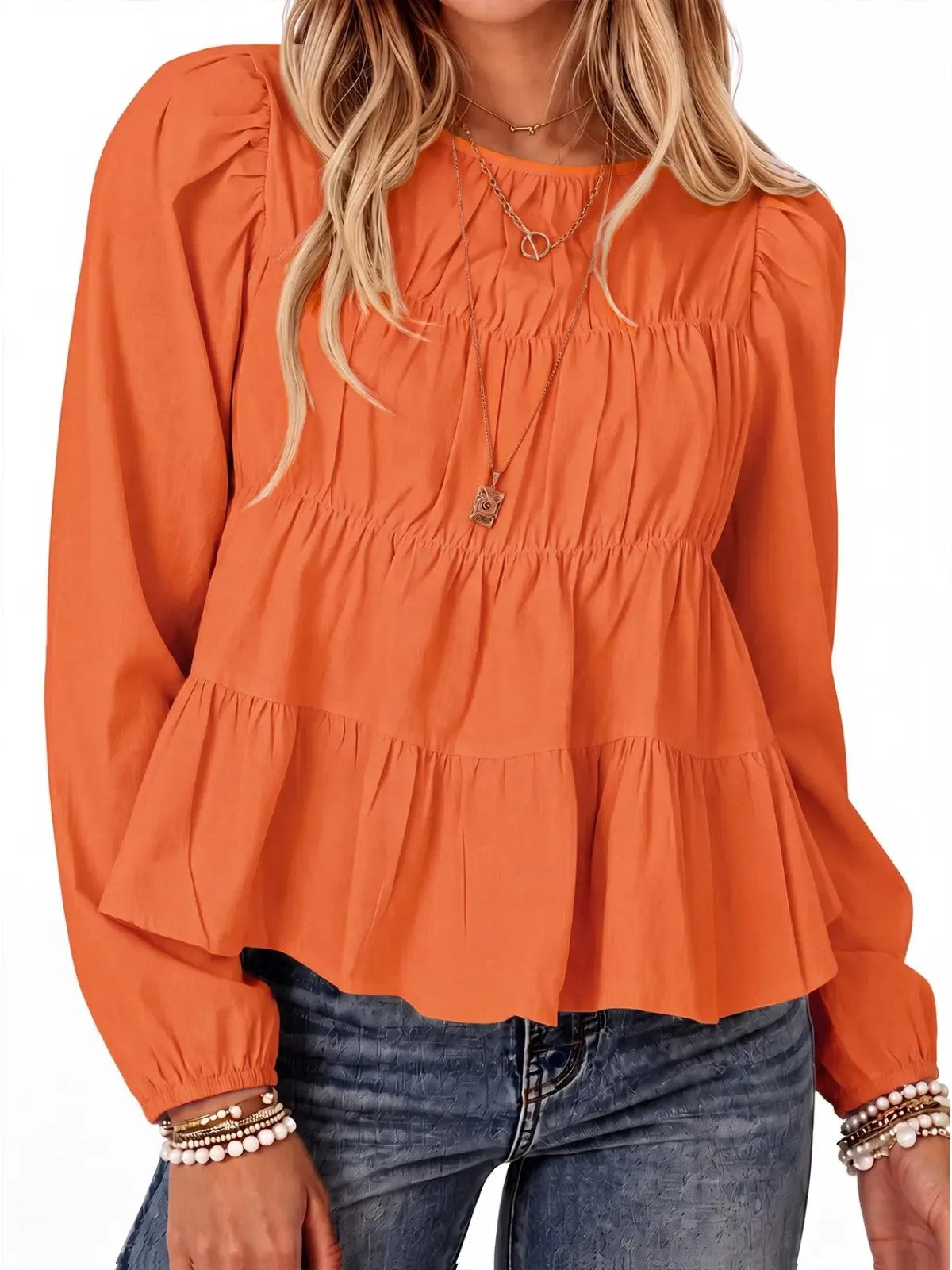 Women's Puff Long Sleeve Pleated Peplum Babydoll Blouse