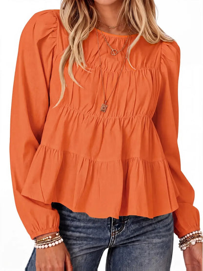 Women's Puff Long Sleeve Pleated Peplum Babydoll Blouse