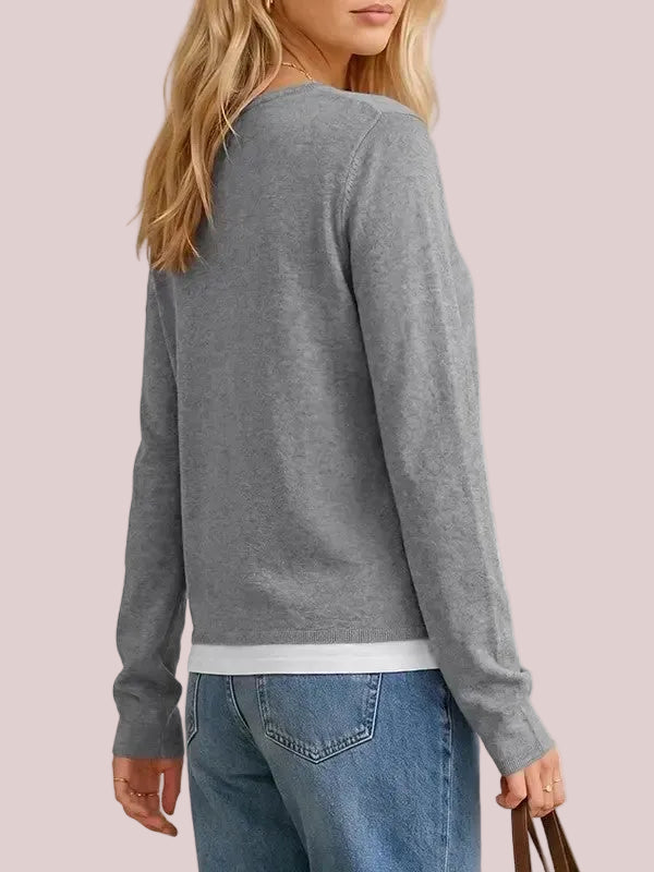 Women's V Neck Fake Two Piece Knit Sweater