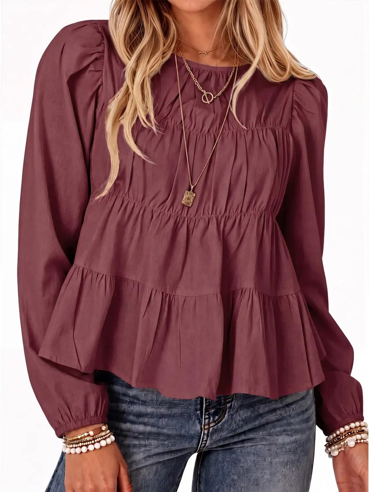 Women's Puff Long Sleeve Pleated Peplum Babydoll Blouse