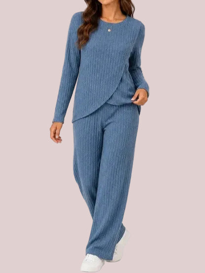 Women's Ribbed Long Sleeve Top & Wide Leg Pants Loungewear Set