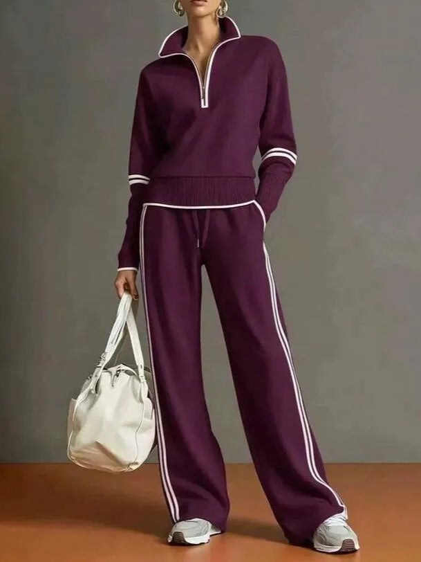 Women's Sporty Striped Quarter-Zip Lounge Set