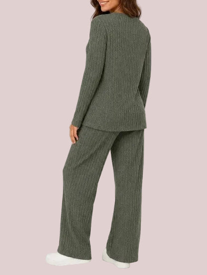 Women's Ribbed Long Sleeve Top & Wide Leg Pants Loungewear Set