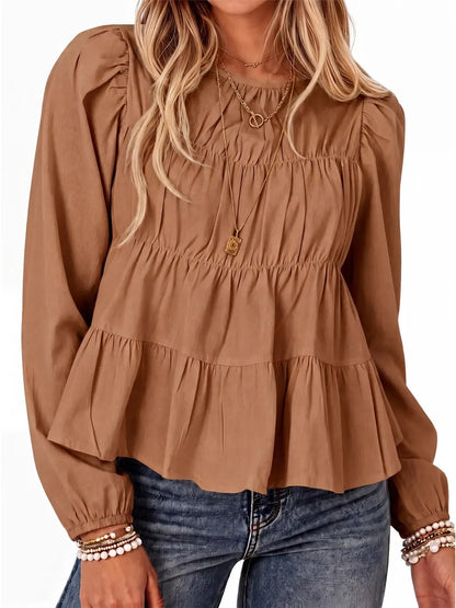 Women's Puff Long Sleeve Pleated Peplum Babydoll Blouse