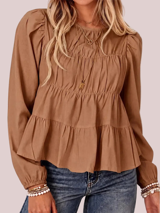 Women's Puff Long Sleeve Pleated Peplum Babydoll Blouse