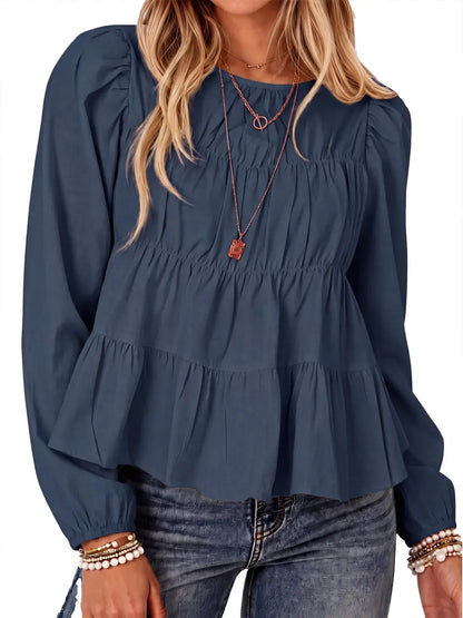 Women's Puff Long Sleeve Pleated Peplum Babydoll Blouse