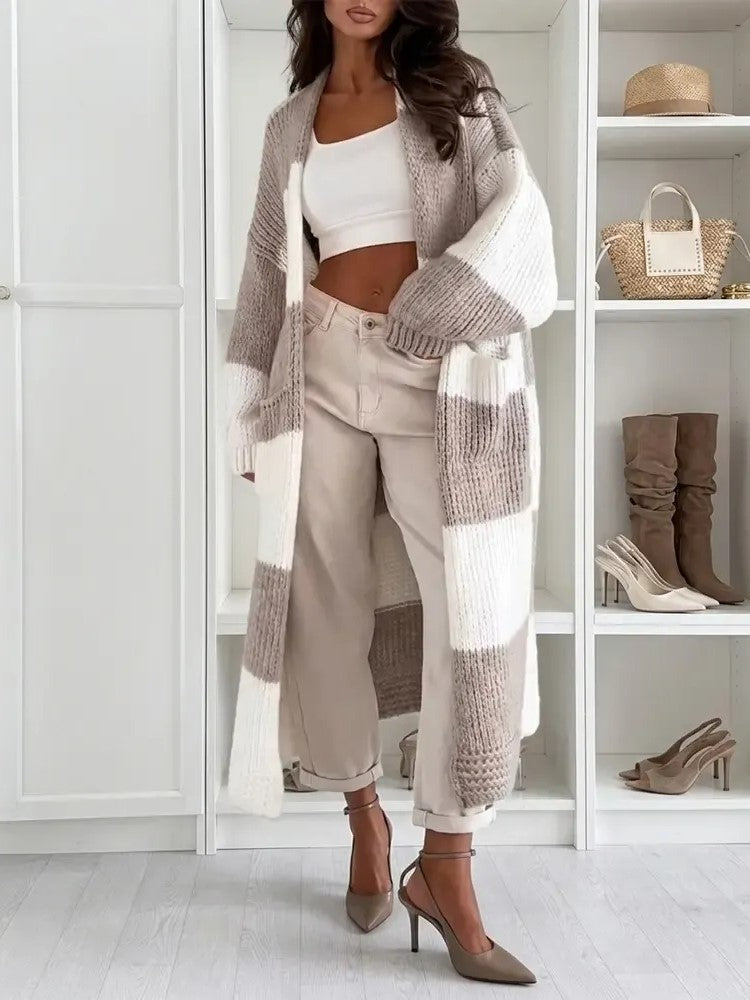 Women's Color Block Maxi Knit Cardigan With Pockets