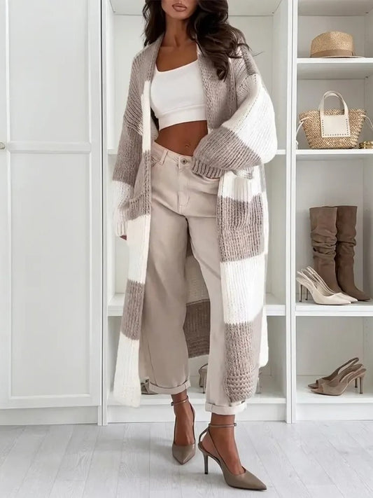 Women's Color Block Maxi Knit Cardigan With Pockets