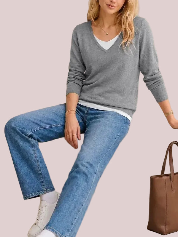 Women's V Neck Fake Two Piece Knit Sweater