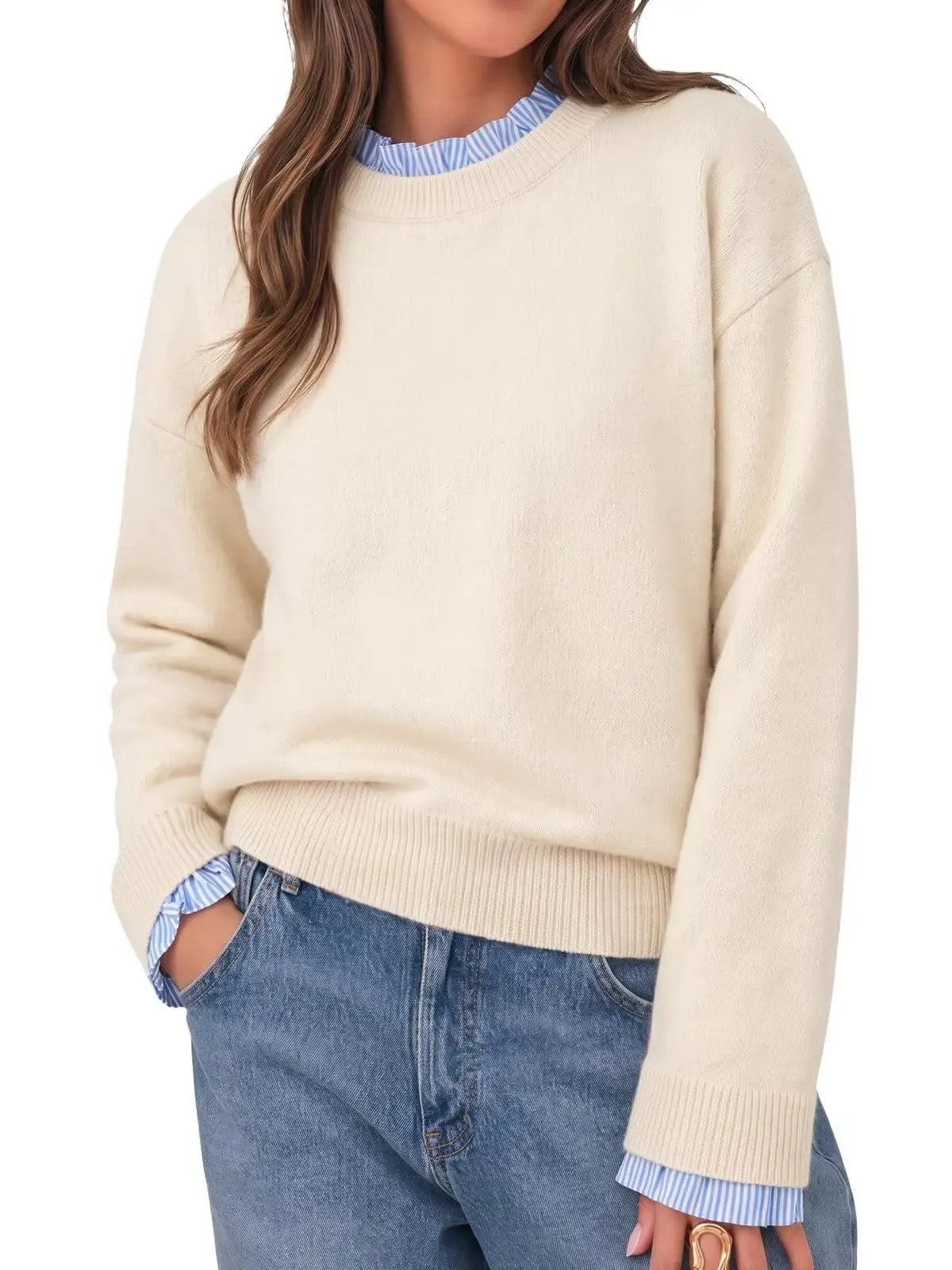 Women's Ruffle Striped Trim Crew Neck Fake Two Piece Sweater