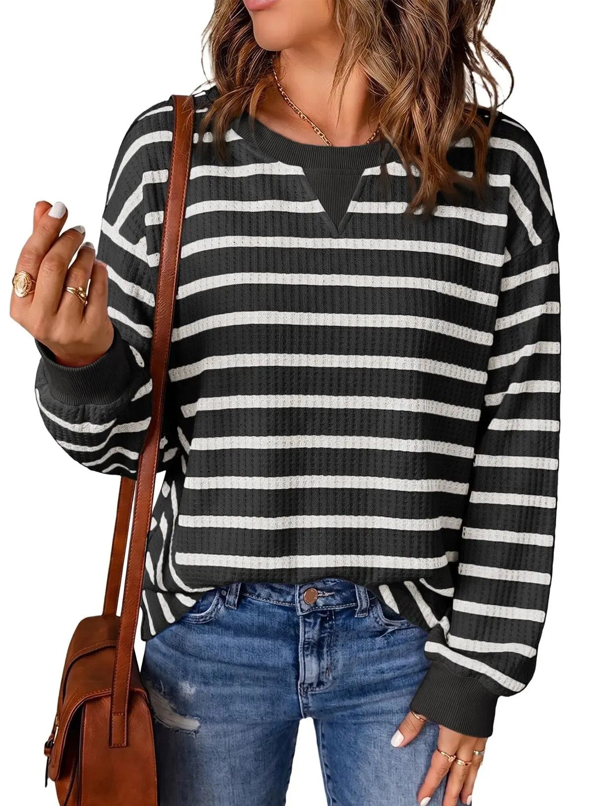 Women's Waffle Knit Striped Notch Neck Long Sleeve Top