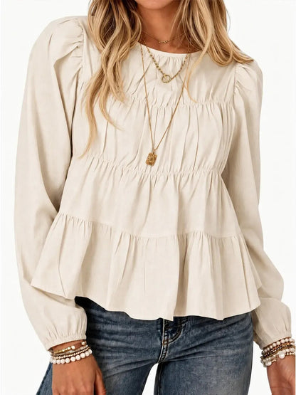 Women's Puff Long Sleeve Pleated Peplum Babydoll Blouse