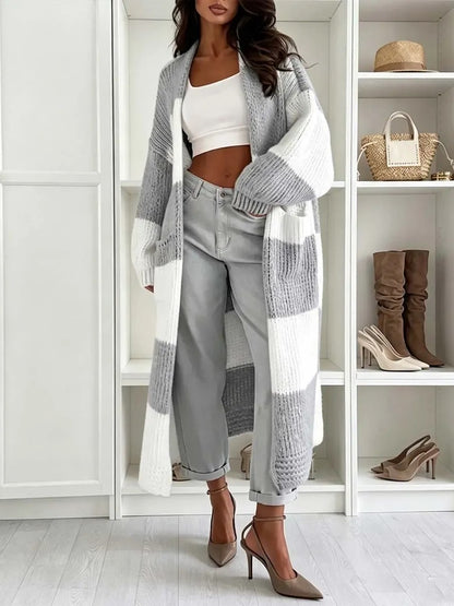 Women's Color Block Maxi Knit Cardigan With Pockets
