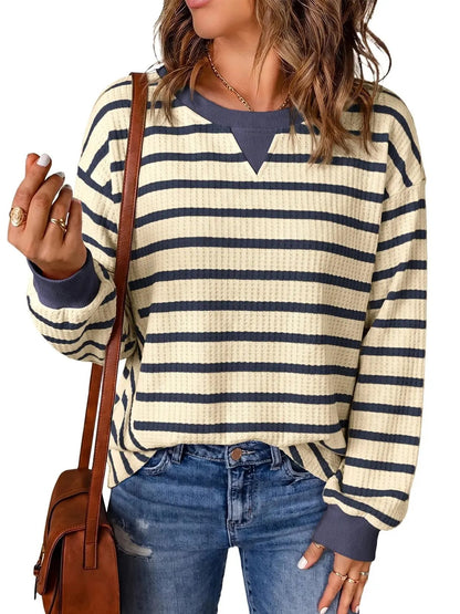 Women's Waffle Knit Striped Notch Neck Long Sleeve Top