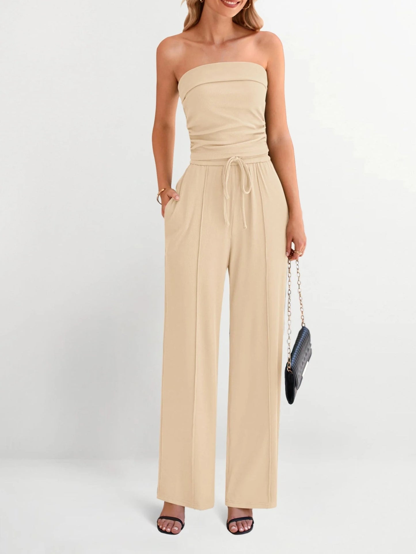 Women's Strapless Tube Top & Drawstring Wide Leg Pants Set