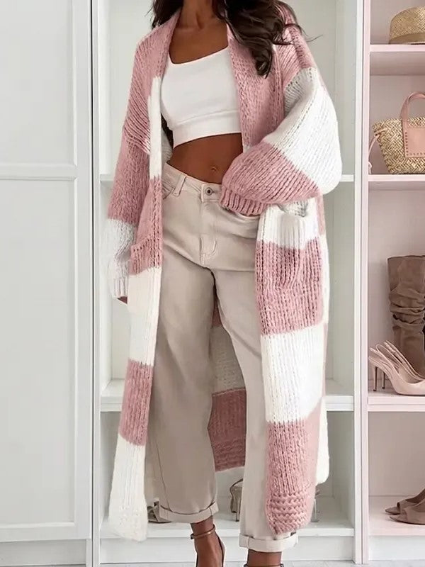 Women's Color Block Maxi Knit Cardigan With Pockets