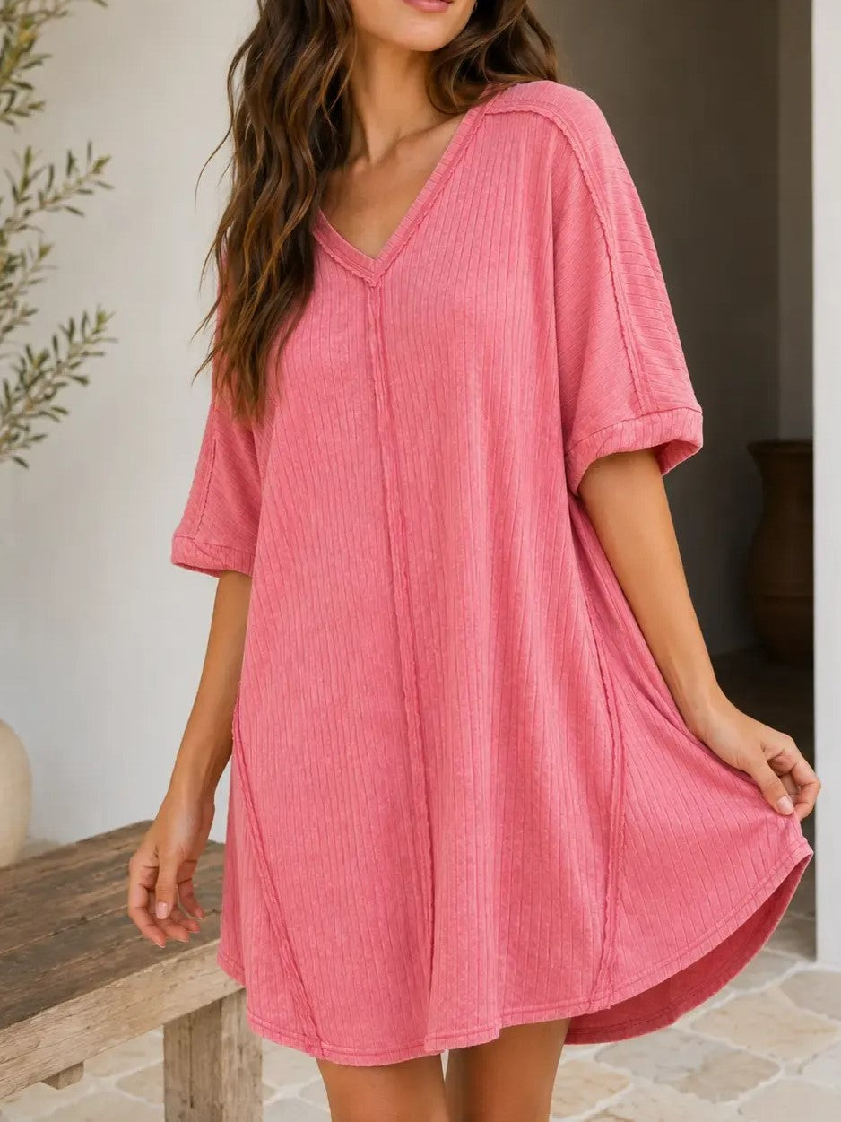 Vintage Wash Ribbed Casual Mini Dress