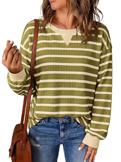 Women's Waffle Knit Striped Notch Neck Long Sleeve Top