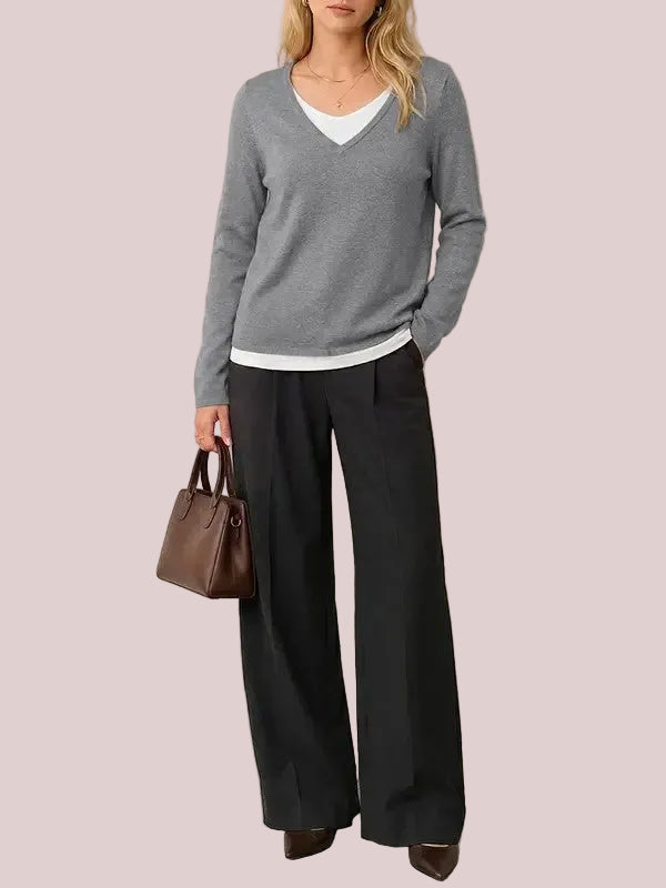 Women's V Neck Fake Two Piece Knit Sweater