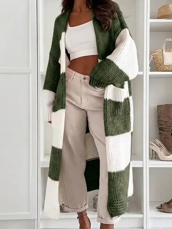 Women's Color Block Maxi Knit Cardigan With Pockets