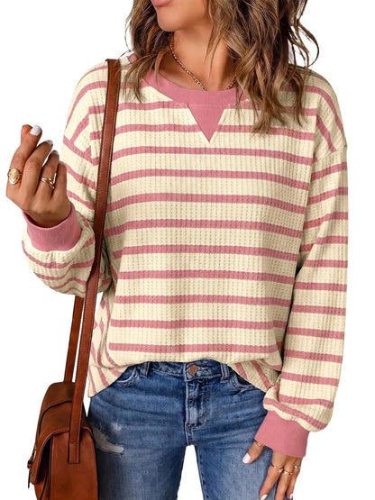 Women's Waffle Knit Striped Notch Neck Long Sleeve Top