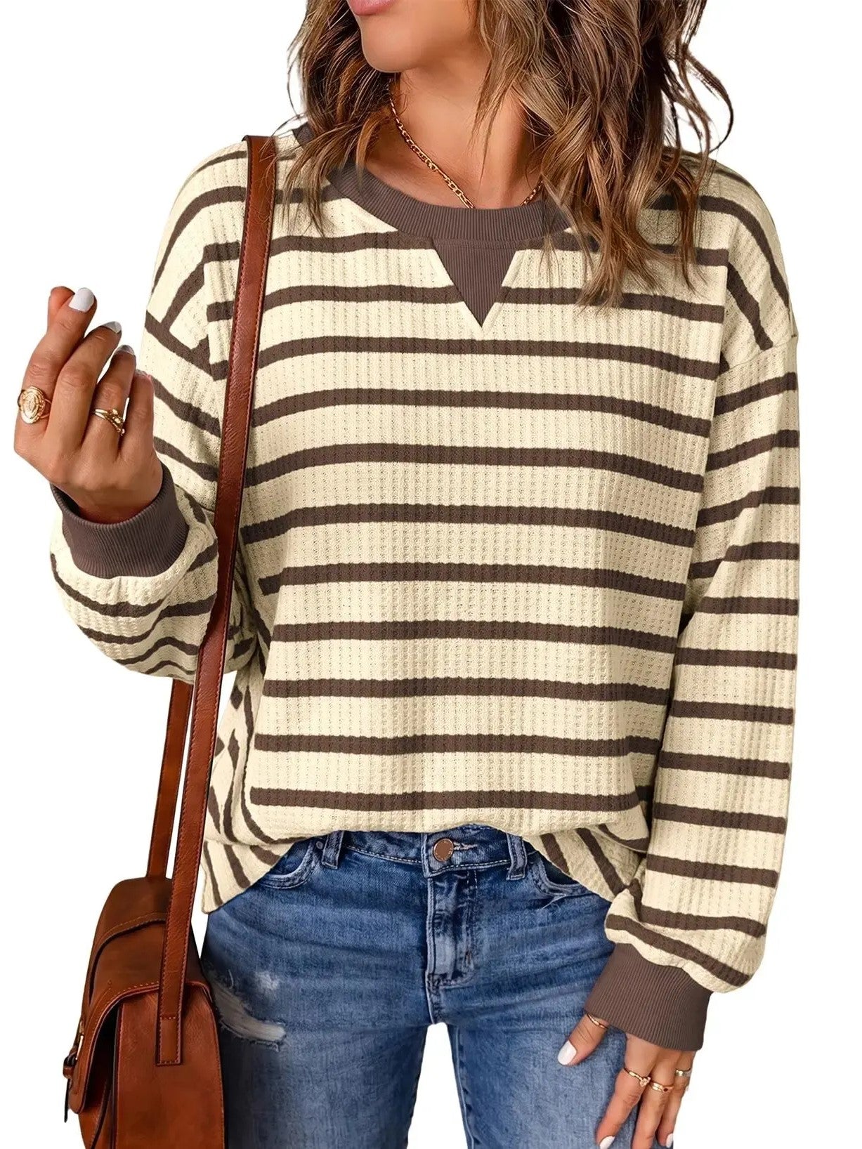 Women's Waffle Knit Striped Notch Neck Long Sleeve Top