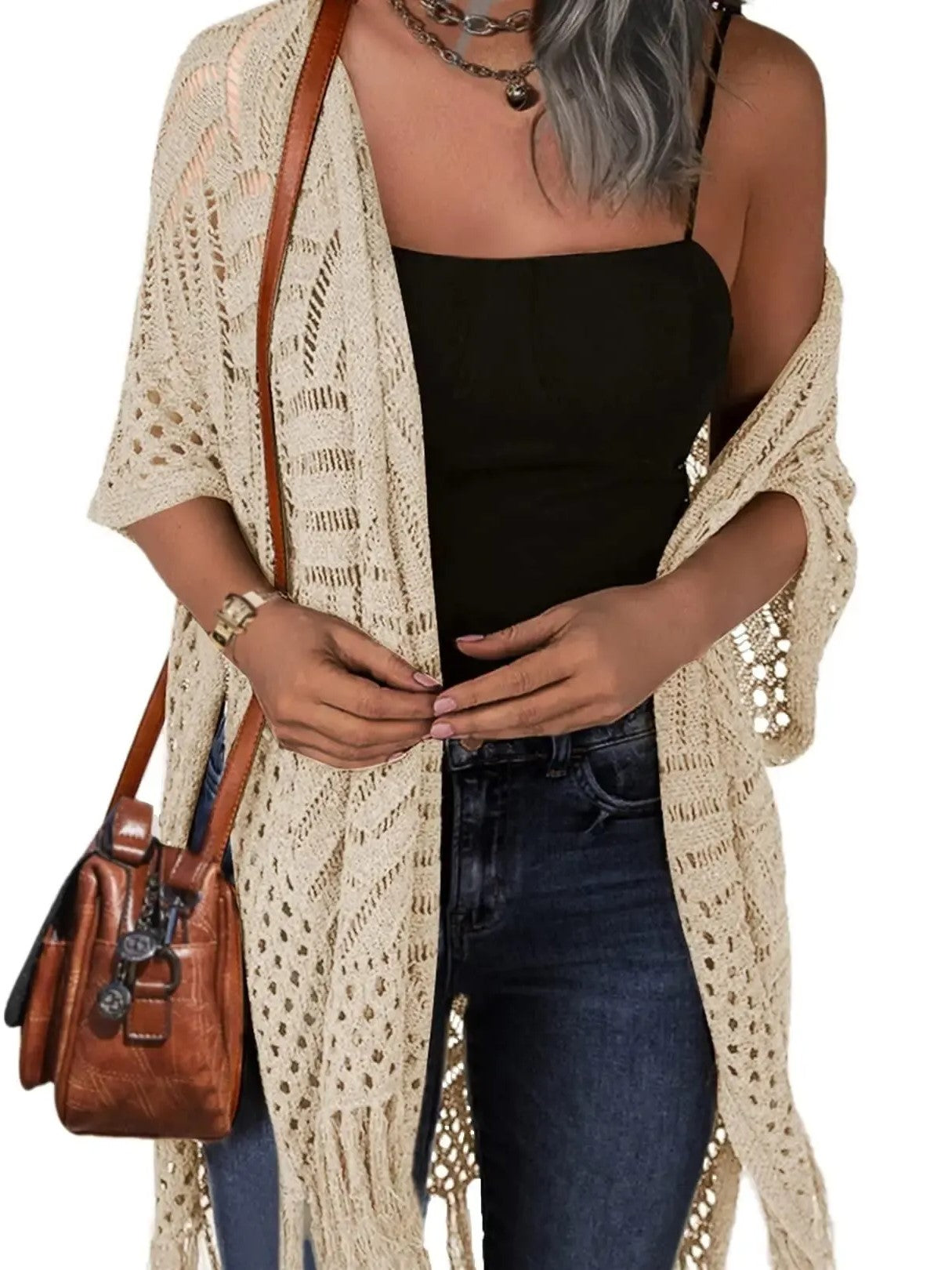 Women's Boho Fringe Crochet Long Cover‑Up