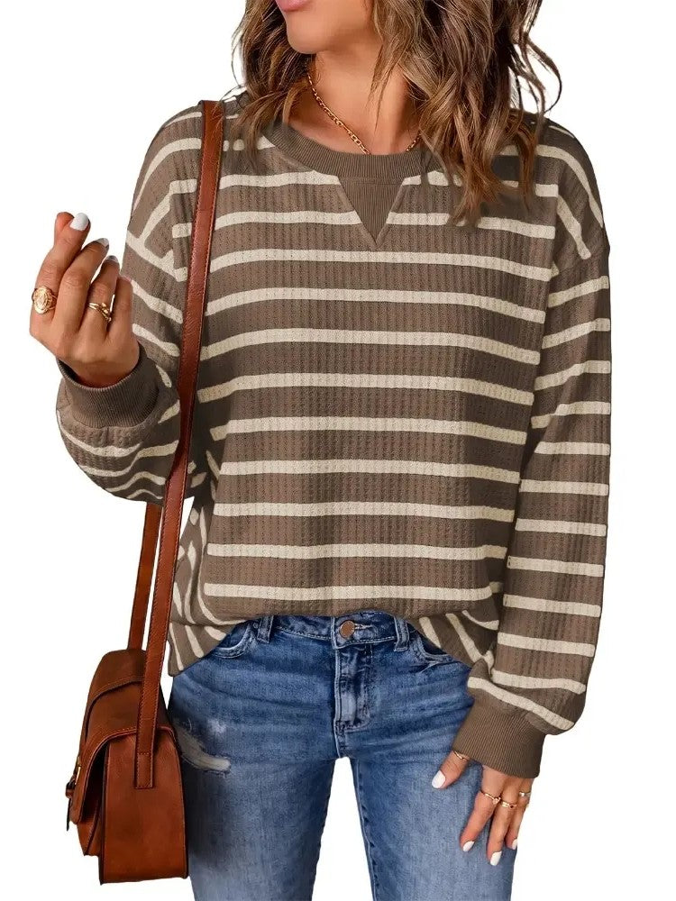 Women's Waffle Knit Striped Notch Neck Long Sleeve Top