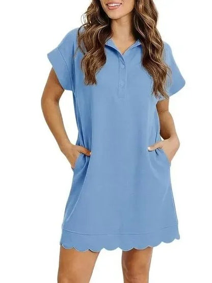 Women's Scallop Hem Polo Mini Dress With Pockets