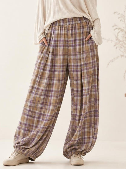 Women's Boho Plaid Elastic Waist Baggy Jogging Pants