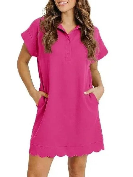 Women's Scallop Hem Polo Mini Dress With Pockets