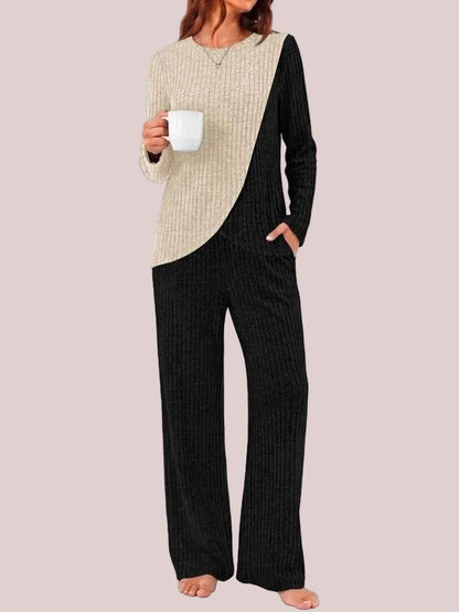 Women's Ribbed Long Sleeve Top & Wide Leg Pants Loungewear Set