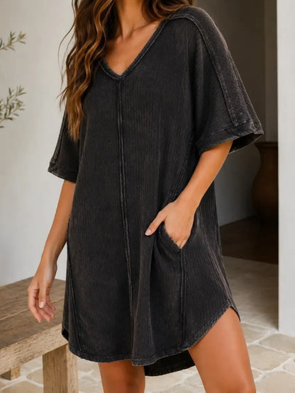 Vintage Wash Ribbed Casual Mini Dress