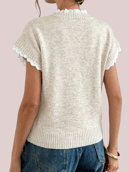 Women's Short Sleeve Lace Trim Mock Neck Knit Top