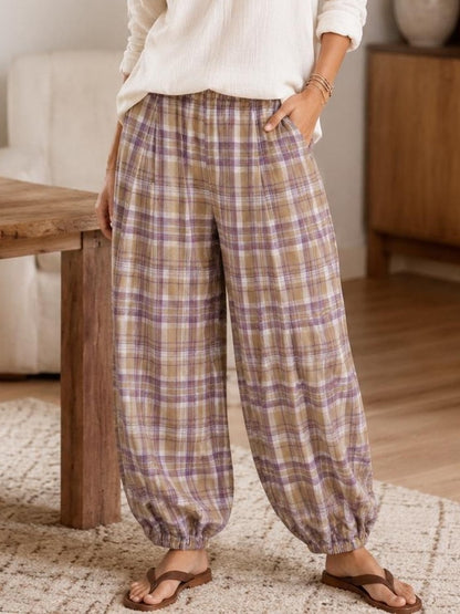 Women's Boho Plaid Elastic Waist Baggy Jogging Pants