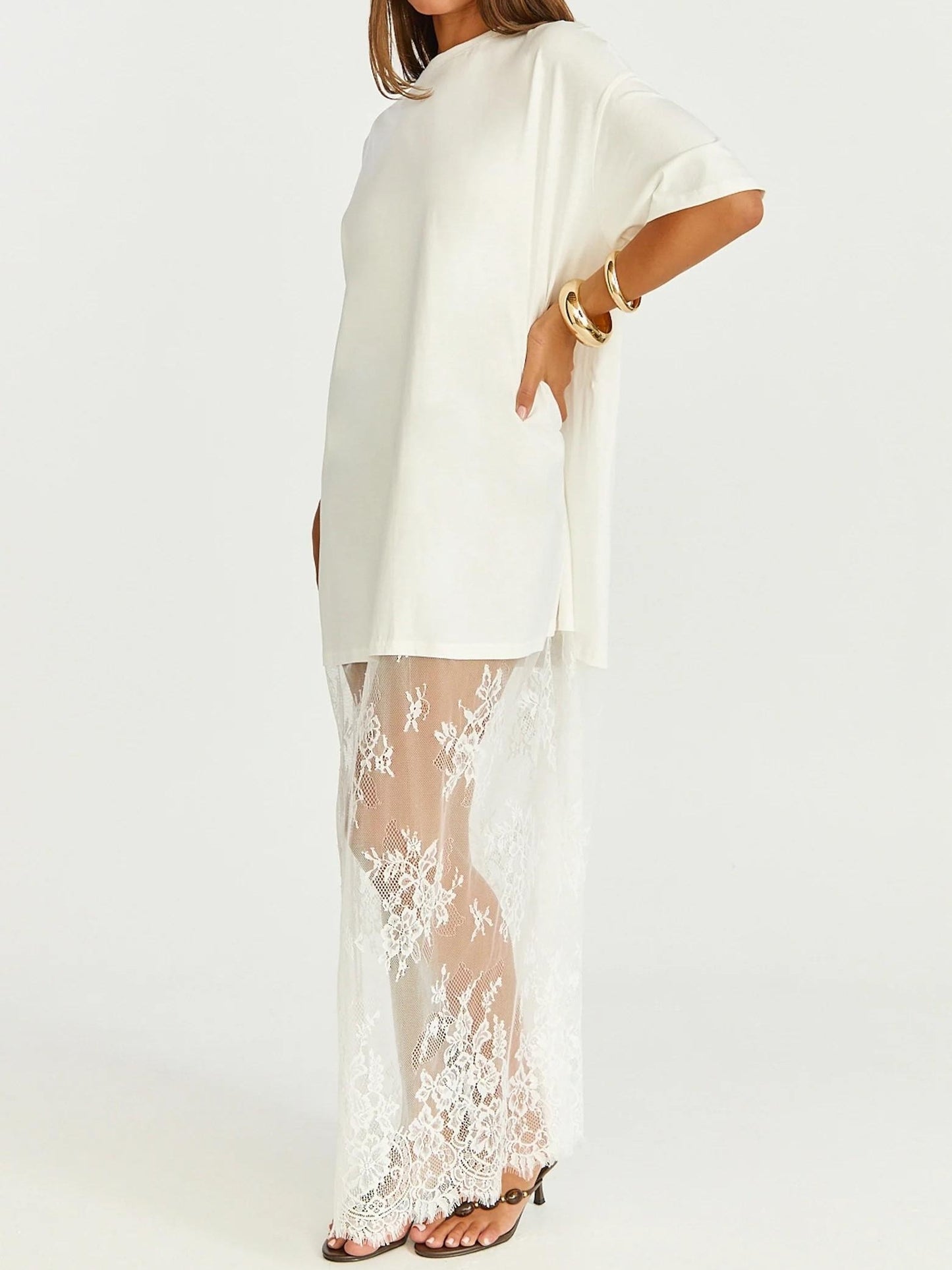Women's Oversized T-Shirt Maxi Dress with Sheer Lace Hem