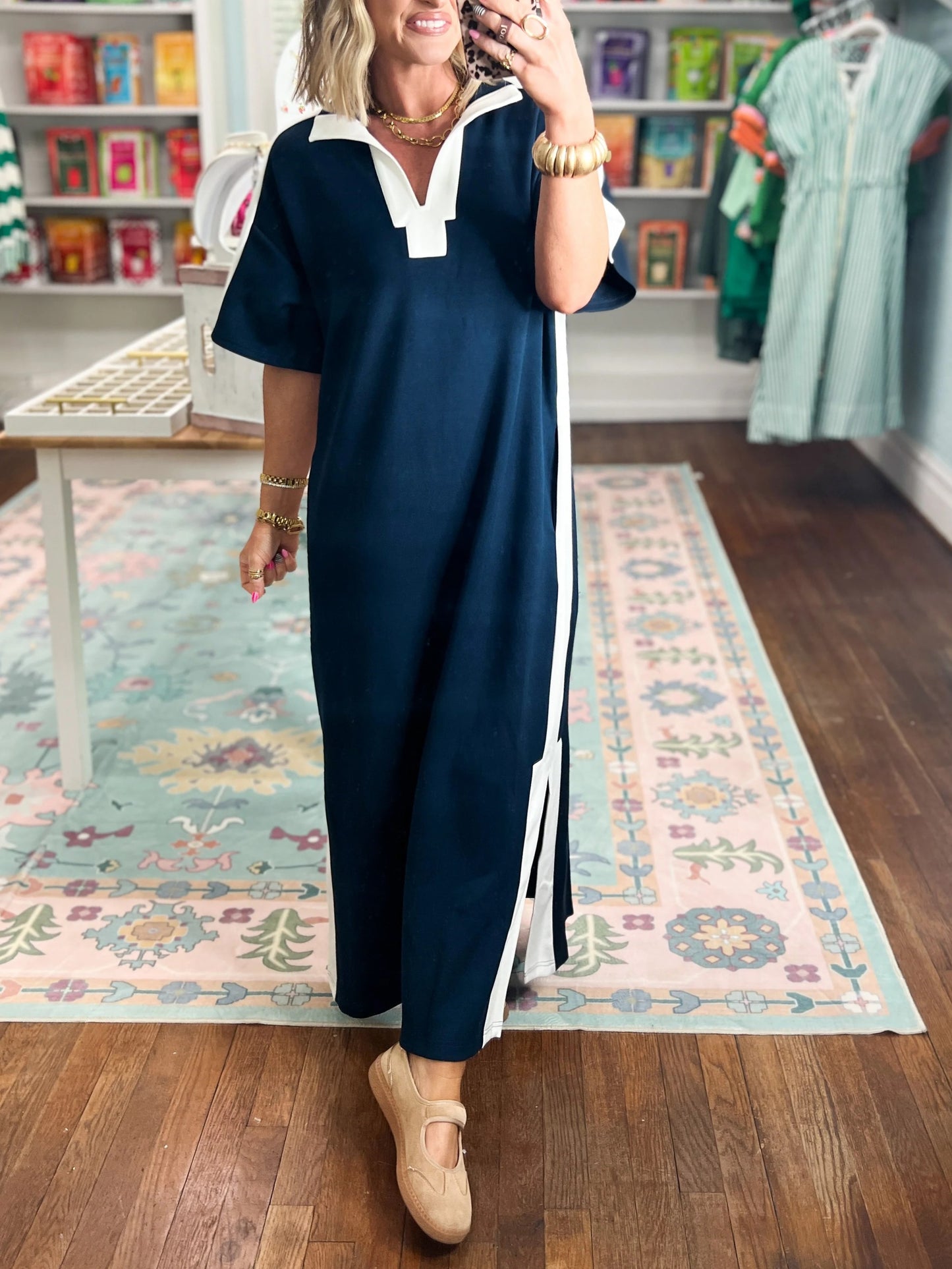 Women's Color Block V-Neck Slit Maxi Dress