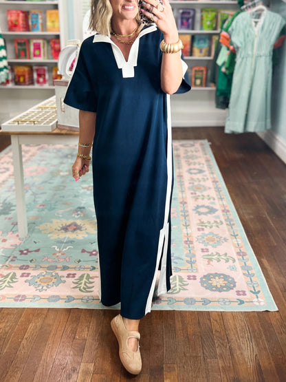 Women's Color Block V-Neck Slit Maxi Dress